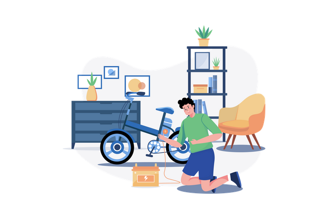 Man Charges The Electric Bike At Home  Illustration