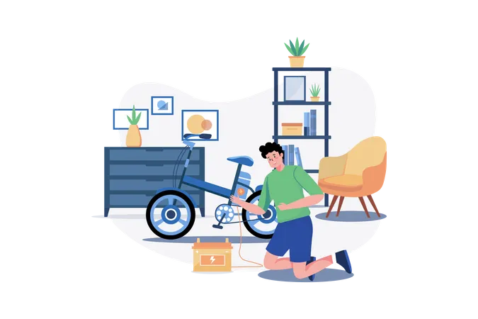 Man Charges The Electric Bike At Home  Illustration