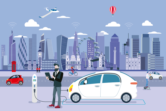 Man Charging an electric car in a London street with people walking and the City Skyline at the background  Illustration