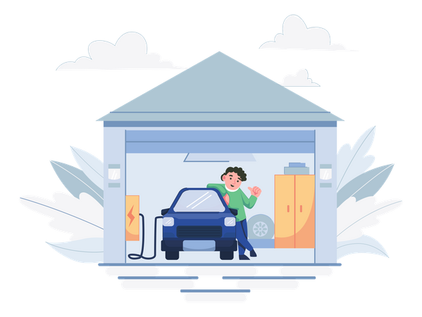 Man charging an ev car at home Illustration