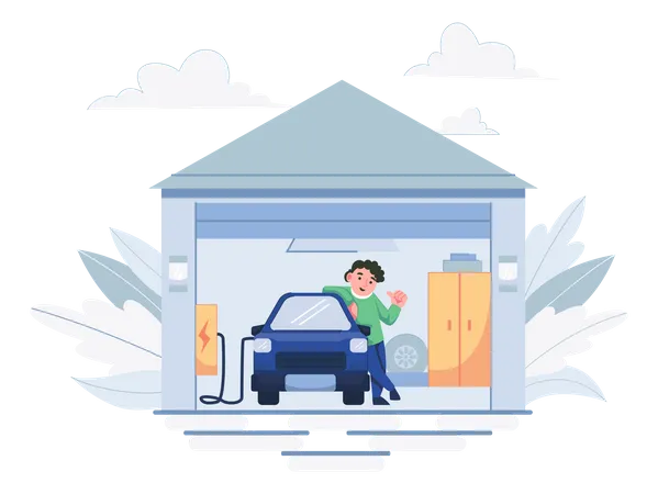 Man charging an ev car at home  Illustration