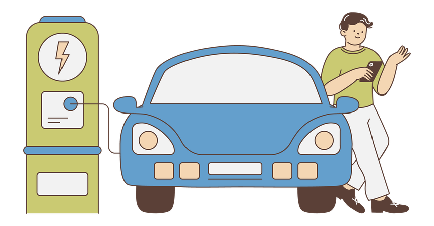 Man Charging Electric Car  Illustration
