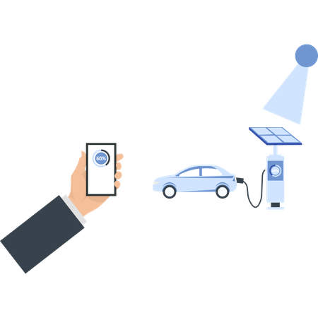 Man charging electric car on solar charging station  Illustration