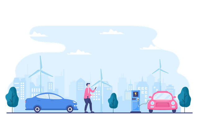 Man charging his car at charging station Illustration