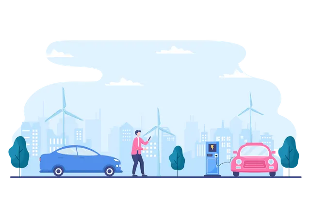 Man charging his car at charging station  Illustration