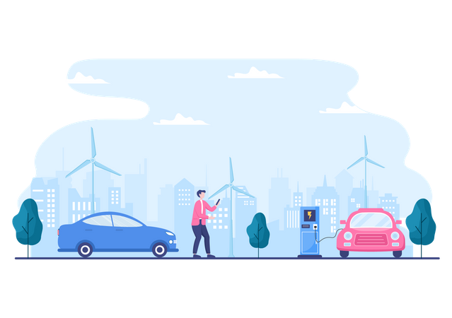 Man charging his car at charging station  Illustration