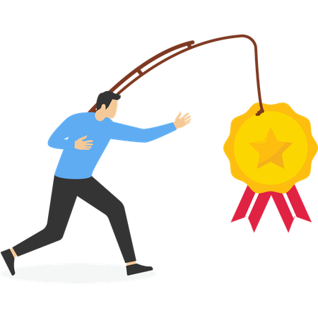 Man chasing dollar coin and trophy  Illustration