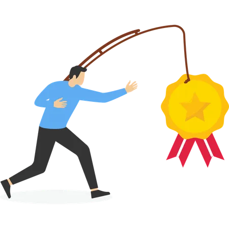 Man chasing dollar coin and trophy  Illustration