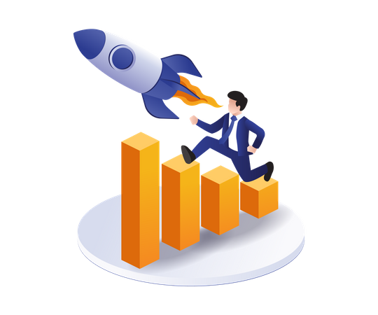 Man chasing rocket over bar chart  Illustration