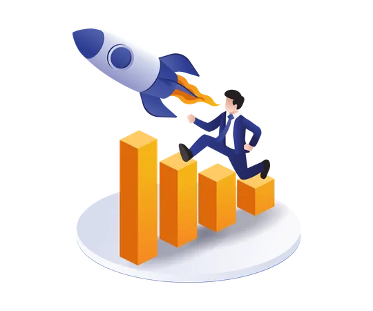 Man chasing rocket over bar chart  Illustration