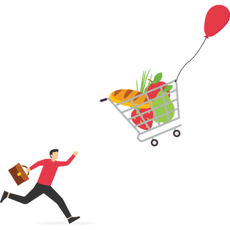 Man chasing shopping cart with foods tide on ballon  Illustration