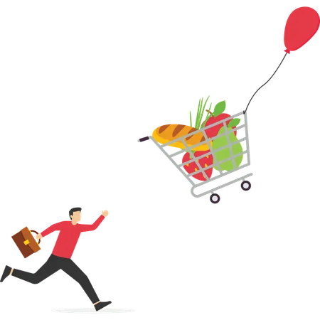 Man chasing shopping cart with foods tide on ballon  Illustration