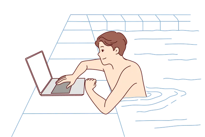 Man chats on laptop while swimming  Illustration