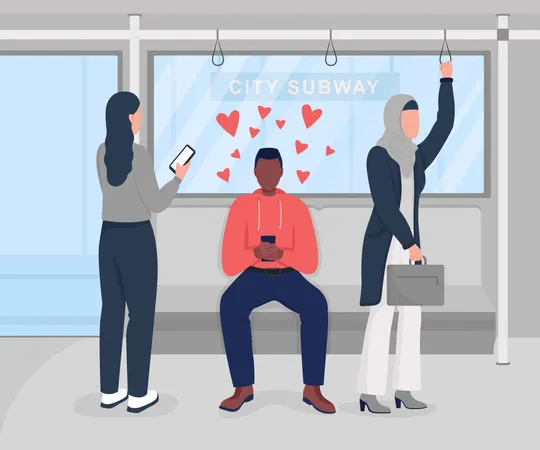Using Dating App In City Subway Flat Color Vector Illustration Smartphone Applications Addiction Enamored Guy Surrounded By Passengers 2 D Cartoon Characters With City Subway On Background Illustration