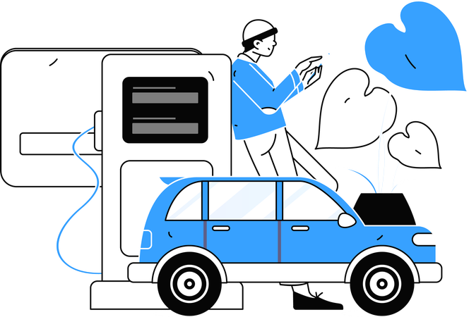 Man chatting on mobile while refueling car at station  Illustration