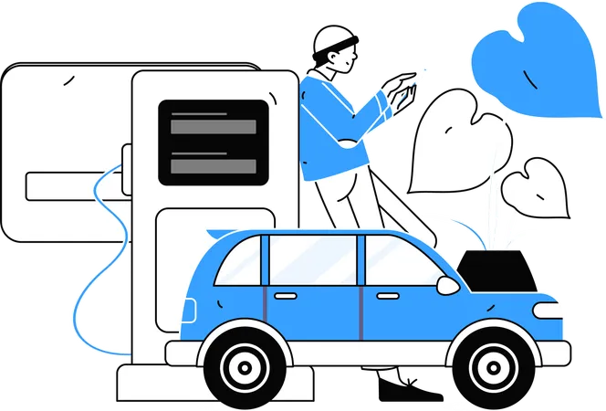 Man chatting on mobile while refueling car at station  Illustration