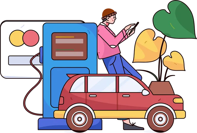 Man chatting on mobile while refueling car at station  Illustration