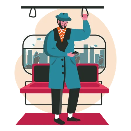 Man chatting on phone while travelling in train Illustration