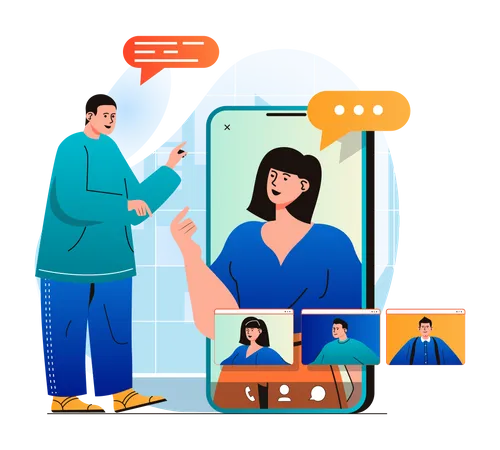 Video Chatting Concept In Modern Flat Design Man Makes Video Call To Friends Or Colleagues And Communicate At Different Screens At Mobile Apps Online Communication Technology Vector Illustration Illustration