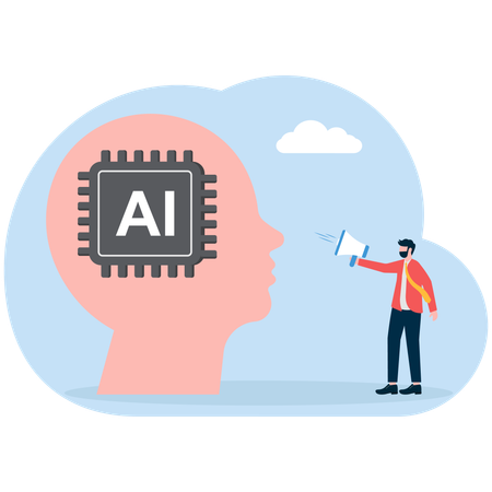 Man chatting with artificial intelligence using loudspeaker  Illustration