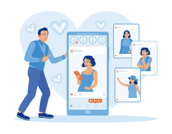 Man chatting with female friend on smartphone screen  Illustration