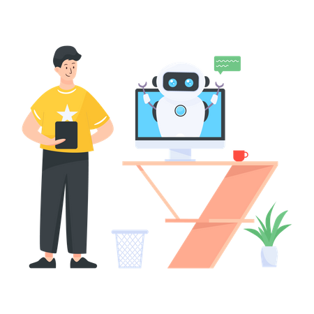 Man chatting with service chatbot Illustration
