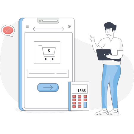 Man checking a product on his phone while standing in a store aisle focused on the screen  Illustration