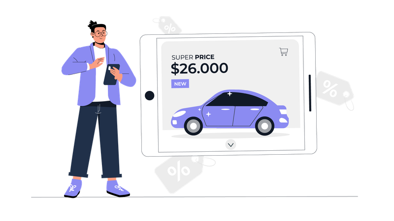 Man checking car price online  Illustration