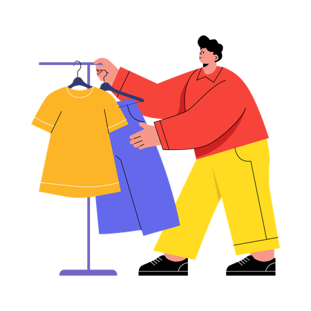 ラックの上の服をチェックする男性  イラスト