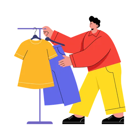 Man checking clothes on rack  Illustration