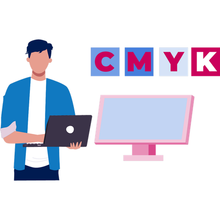 CMYK 그래픽 색상을 확인하는 남자  일러스트레이션