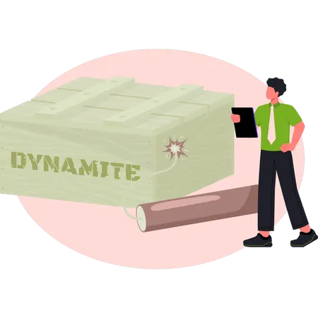 Man  checking dynamite wooden box  Illustration