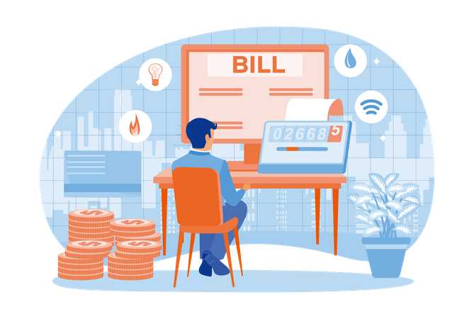 Man Checking Electricity Meter And Calculating Electricity Bill On Website  Illustration