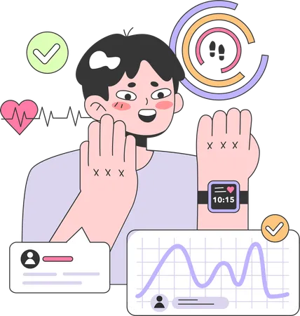 Man checking heart beat on fitness band  イラスト