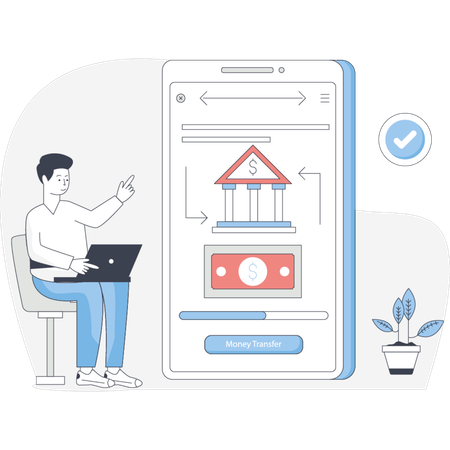 Man checking his mortgage loan application on a mobile app while sitting at a desk with a laptop and paperwork nearby  Illustration