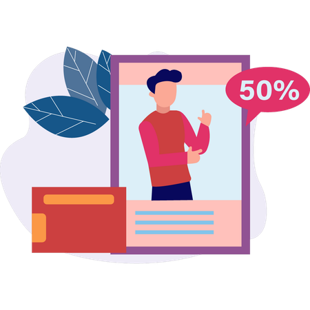 Man checking online 50 percentage off  Illustration