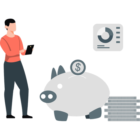 Man checking report of saving in piggy bank  Illustration