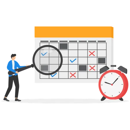 Man Checking Schedule Of Work With Magnifying Glass Time Management And Task Reminder Concept Illustration