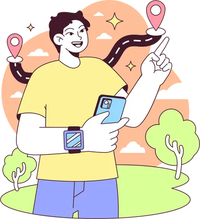 Man checking walking route in mobile  Illustration