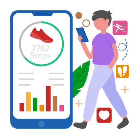 フィットネスアプリをチェックする男性  イラスト