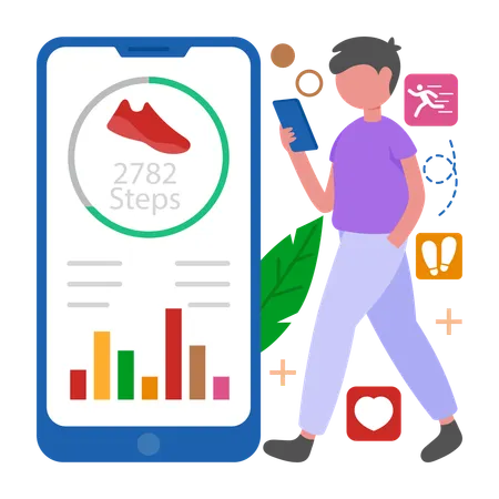 フィットネスアプリをチェックする男性  イラスト