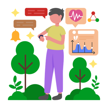 男性がフィットネストラッキングデータを確認する  イラスト