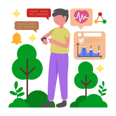 男性がフィットネストラッキングデータを確認する  イラスト