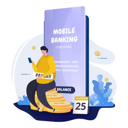 Man checking salary using mobile banking Illustration