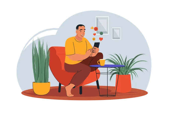 Man checks social networks sitting at home  Illustration