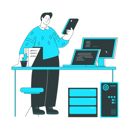 Man checks the status of the computer system  Illustration