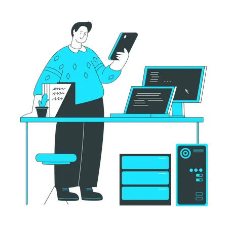 Man checks the status of the computer system  Illustration
