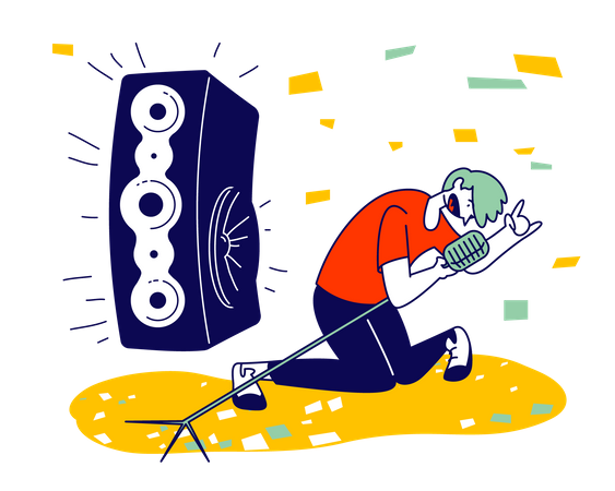 Man Cheering, Dancing and Jumping on Stage Performing Rock Composition in Karaoke Bar Illustration