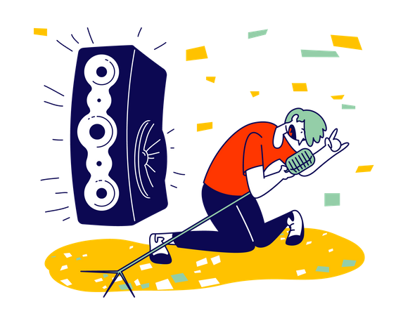 Man Cheering, Dancing and Jumping on Stage Performing Rock Composition in Karaoke Bar  Illustration