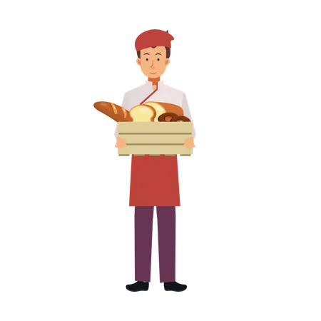 Bakery Chef Concept Baking Happy Male Bakery Chef Carrying Showing His The Product Bread Flat Vector 2 D Cartoon Character Illustration Illustration